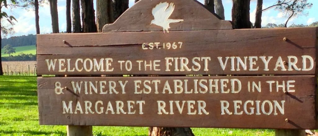 Sign at Vasse Felix that says 'Welcome to the first vineyard and winery established in the Margaret River Region'