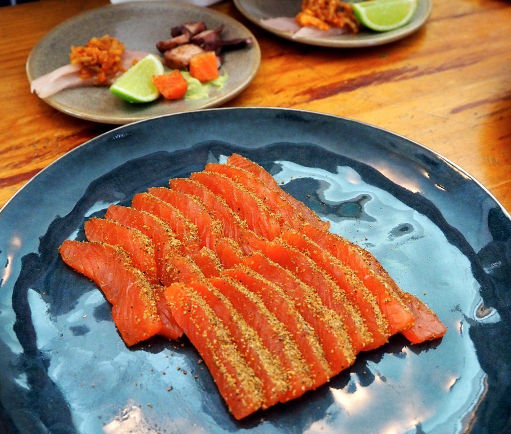 Encrusted salmon sashimi at Leeuwen Esate