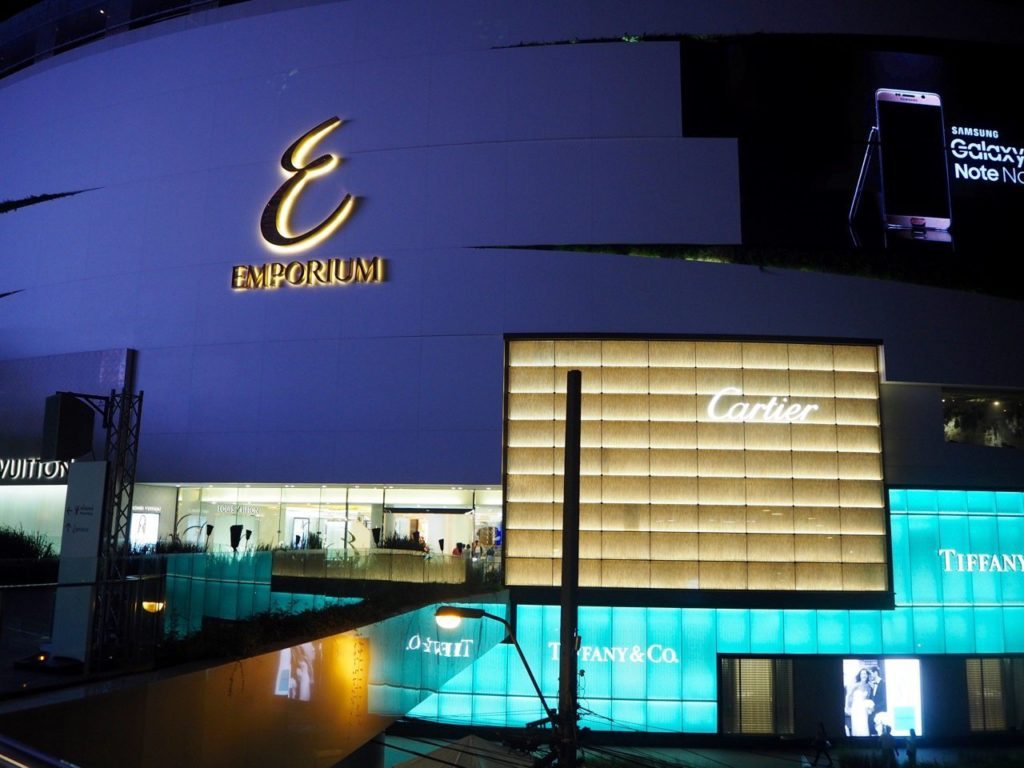 Massive LED screens on the outside of the very posh Emporium Shopping Mall