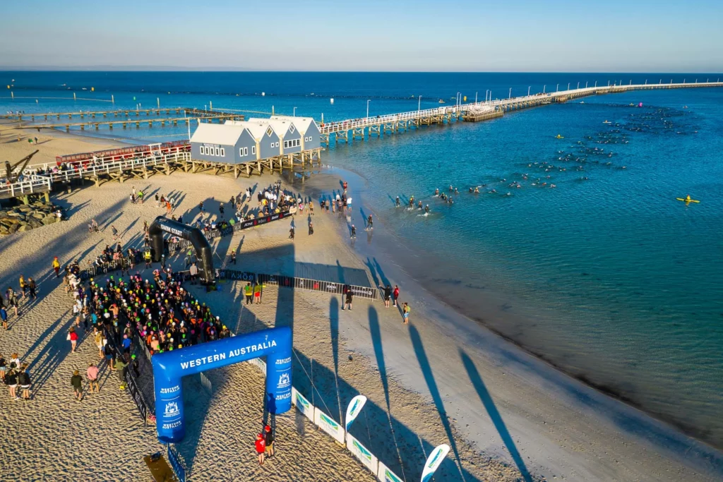 Aerial view of the finish arch of Busselton Ironman WA