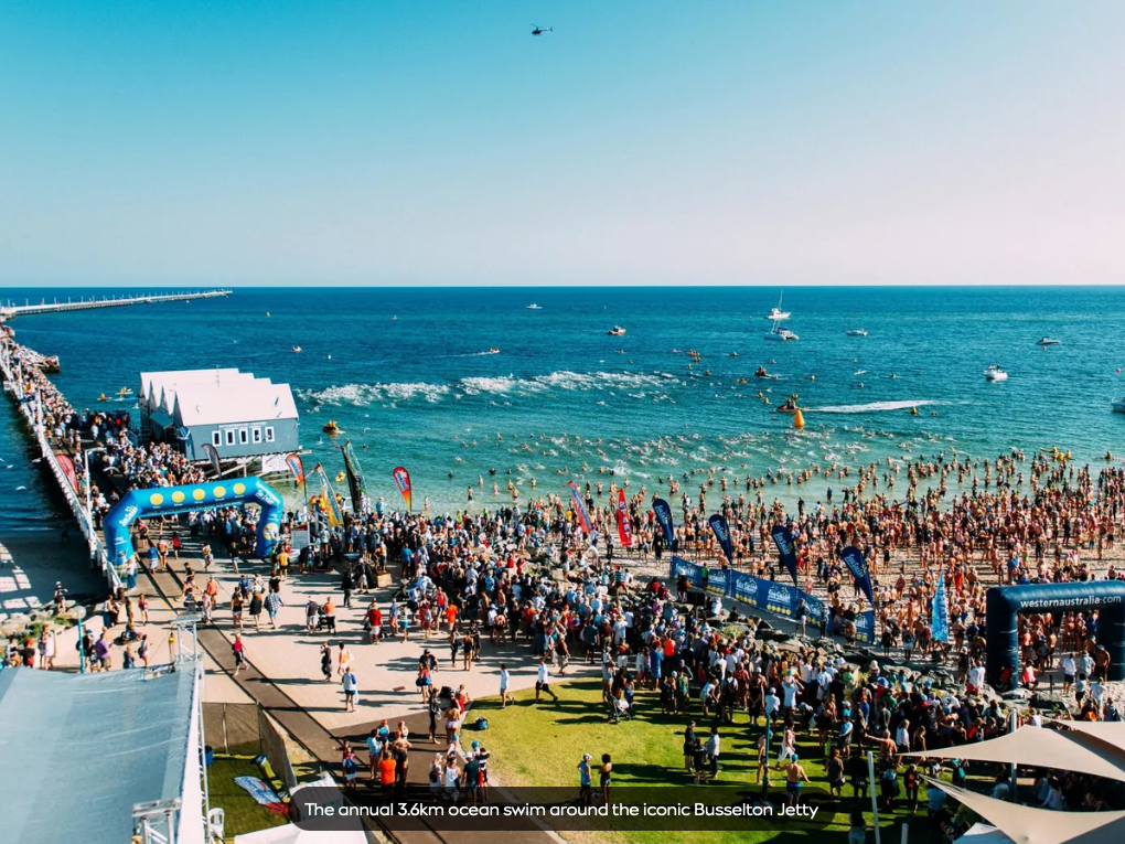 swimmers waiting for the start of the BUSSELTON JETTY Swim 